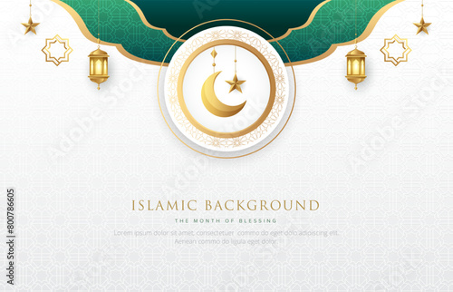 Clean modern lslamic background with gold ornament star, moon and lanterns. Suitable for raya and ramadan template concept.