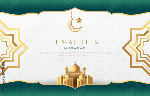 Clean modern lslamic background with gold islamic element. crescent moon and mosque. Suitable for raya and ramadan template concept.