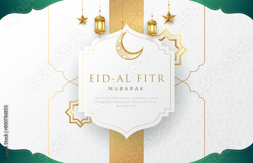 Clean modern Islamic background with gold ornament star, moon and lanterns. Suitable for raya and ramadan template concept.