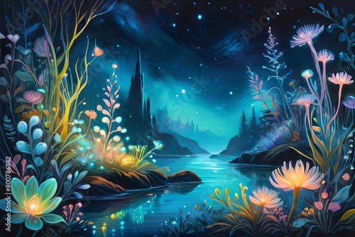 Abstract background with transparent flowers and starry night sky, Surreal night jungle with luminescent plants and flowers. Wonderful fantasy magical bioluminescent flowers. 