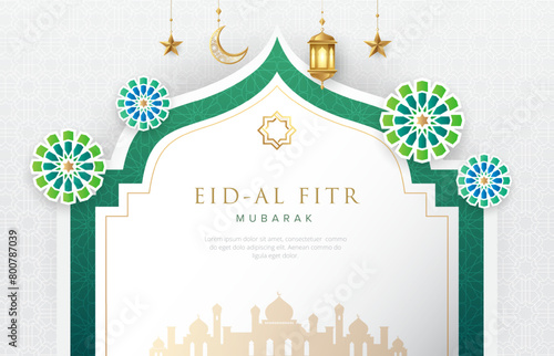 Clean modern lslamic background with gold ornament star, moon, mosque lanterns and green abstract floral designs. Suitable for raya and ramadan template concept.