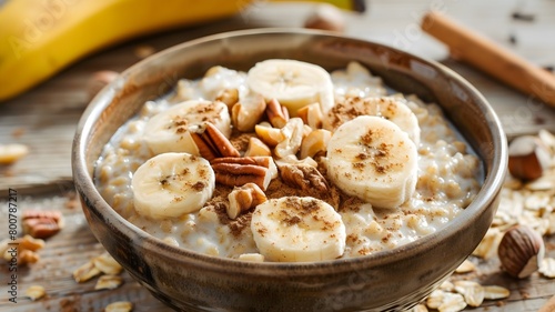  A bowl of creamy oatmeal topped with sliced bananas, nuts, and a sprinkle of cinnamon, promising a comforting yet nutritious breakfast. 