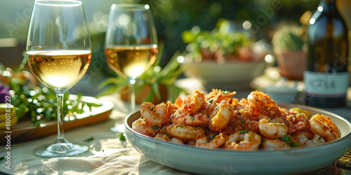 Photo of an outdoor table with a light-yellow linen tablecloth, glasses of white wine and a plate of battered calamari, natural light, sunbeams, shadows, white light