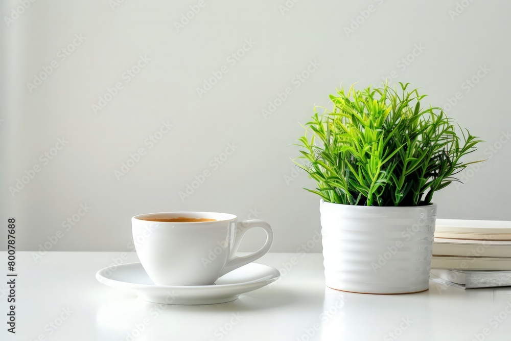 Creative workplace with supplies, house plant and coffee cup on white table. Copy space for your advertise text. Creative workplace with supplies, house plant and coffee cup on white table. Copy space for your advertise text.