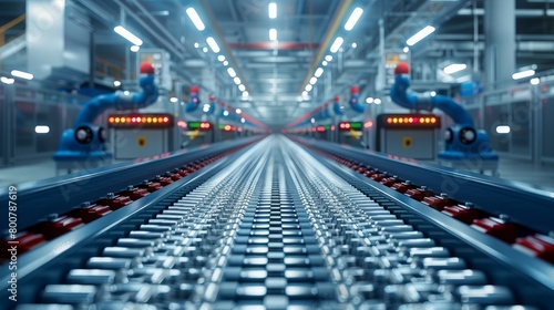 3D rendering of robotic arms positioned alongside an empty conveyor belt.