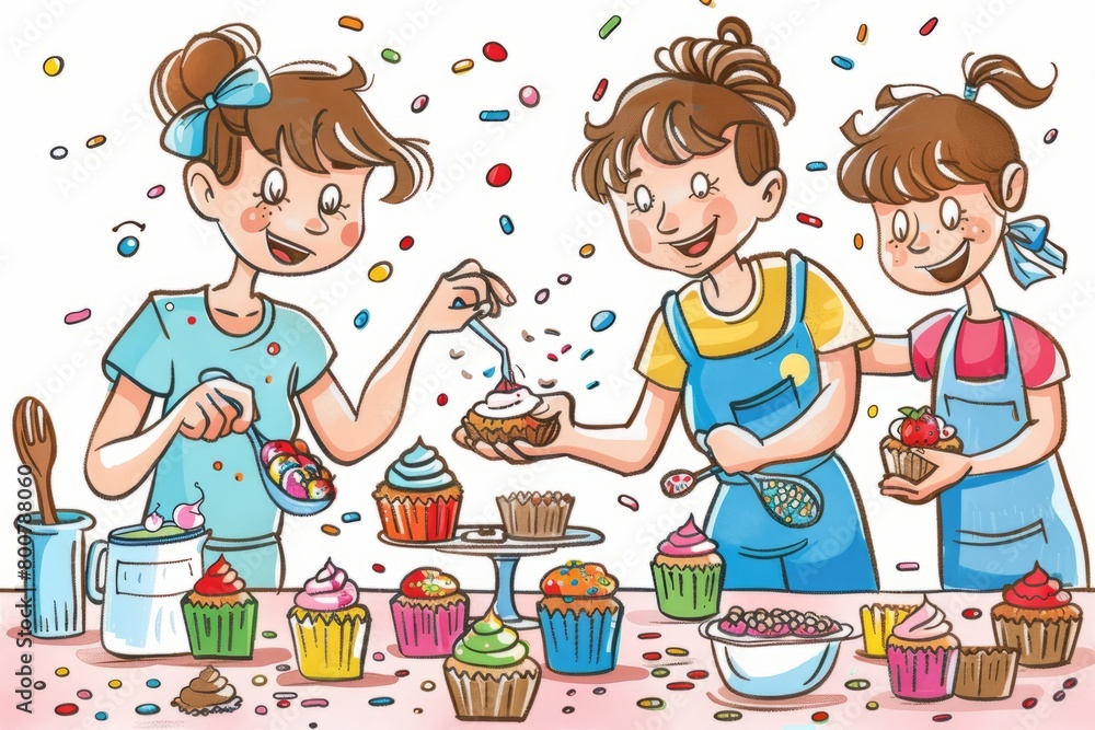Cartoon cute doodles of a family baking together in the kitchen and having a cupcake decorating contest, with sprinkles and frosting everywhere, Generative AI Cartoon cute doodles of a family baking together in the kitchen and having a cupcake decorating contest, with sprinkles and frosting everywhere, Generative AI