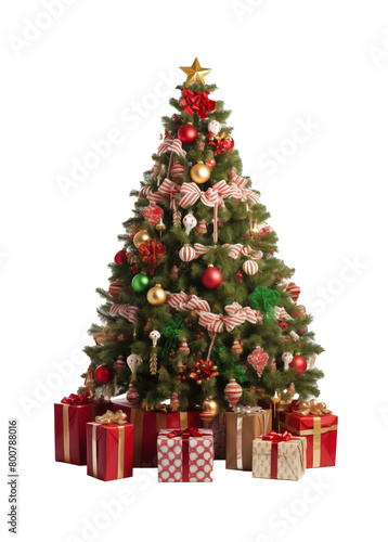 Decorated Christmas tree with a star topper, festive ornaments, and a pile of colorful gifts isolated on a transparent background. Generative AI