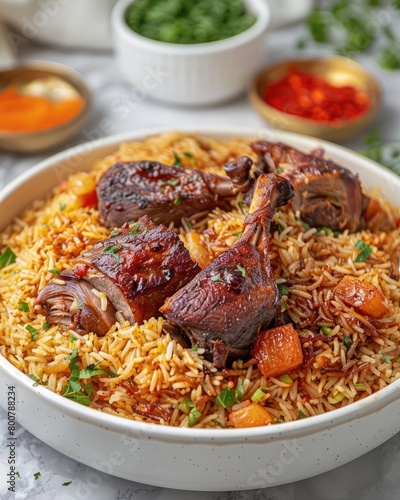 Kabsah, a classic Arabian dish, featuring roasted chicken on a bed of spiced rice with vegetables and garnished with nuts.
