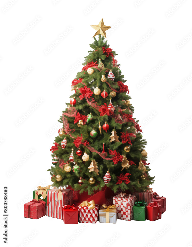 Decorated Christmas tree with a star topper, festive ornaments, and a pile of colorful gifts isolated on a transparent background. Generative AI