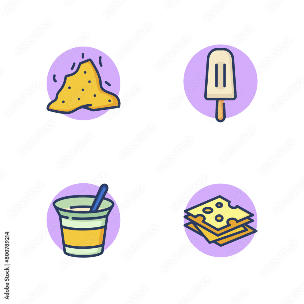 Products made of milk line icon set. Fresh cottage cheese, slices of cheese, ice cream on stick, yogurt jar with spoon. Dairy products concept. Vector illustration for web design and apps