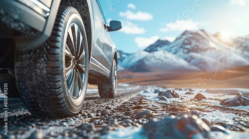 Sunny day, beautiful mountainous landscape with mountains in the background with a car tire in the foreground © beatriz