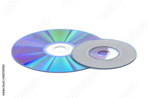 Close up of a CD positioned flat on a plain white background