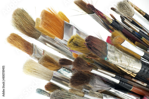 Various types and sizes of paintbrushes against a white