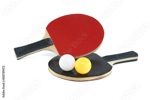 Ping pong paddles and balls isolated on white background