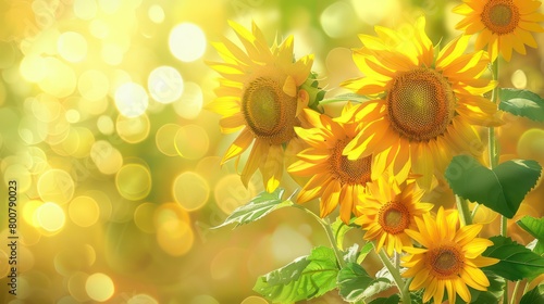 Girasoles en el campo con rayos de sol al atardecer, sobre fondo bokeh desenfocado,Beautiful yellow sunflower on a sunny blur background,Sunflowers. Generated AI photo