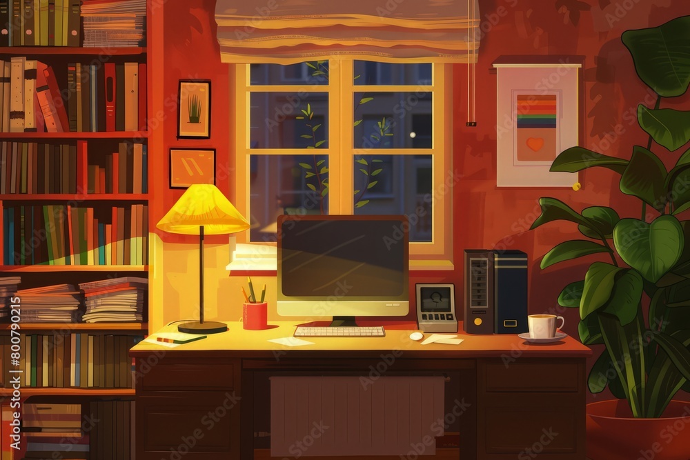 Interior of cozy room with working desk, computer, notebooks, papers and lamp