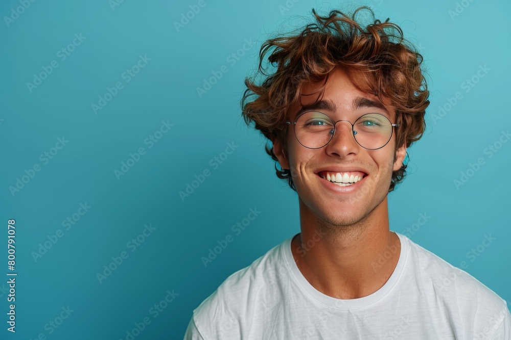 Portrait of a smiling man in eyeglasses on blue background Portrait of a smiling man in eyeglasses on blue background