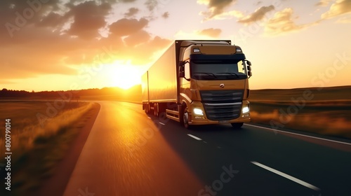 Truck logistic driving on the asphalt road on highway on sunset background