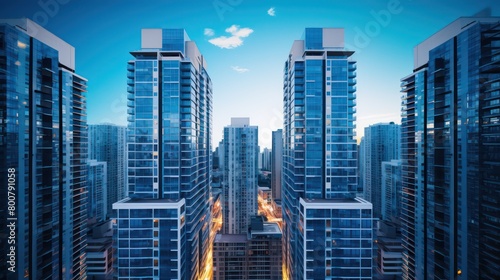 two tall, blue buildings with windows in the sky
