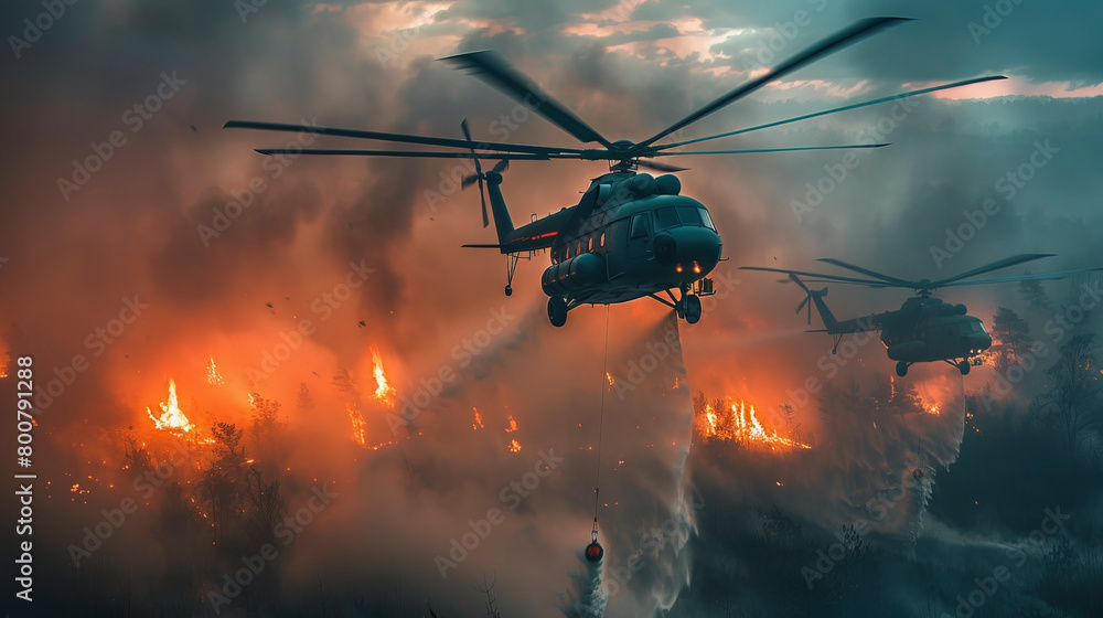 Helicopters carrying water buckets fly over a raging forest fire at dusk amidst heavy smoke and flames. Helicopters carrying water buckets fly over a raging forest fire at dusk amidst heavy smoke and flames.