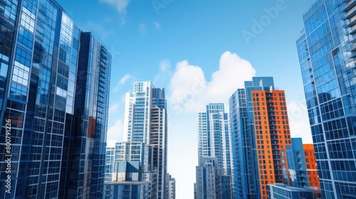 two tall  blue buildings with windows in the sky