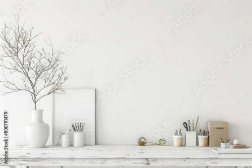 Minimal home-office with office supplies and decorations on white wooden table background and white wall