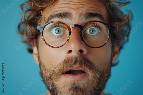 Close-up portrait of a funny man with glasses on a blue background