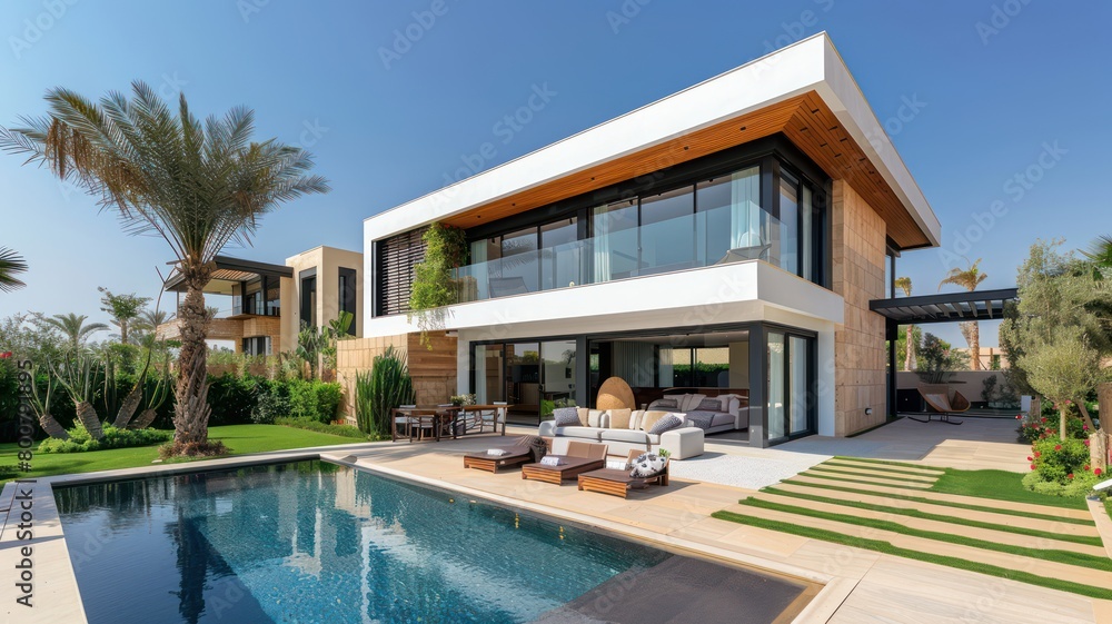 Exterior view of multiple modern house. Architecture 3d rendering of minimal modern house with natural landscape. Perspective of modern House background.