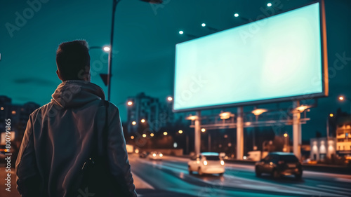 A young man stands with his back to the camera, gazing at a large blank billboard beside a busy urban street at night.
