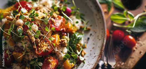 An appetizing gourmet salad featuring a mix of fresh tomatoes  microgreens  and seeds  artistically plated for a healthy meal. 