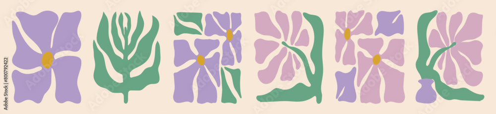 Obraz premium Set of abstract lavender flowers. Organic scribbles in purple color in trendy naive retro hippie style 60s 70s. Modern poster and background. 