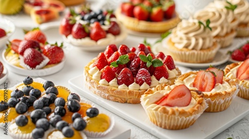 A beautifully decorated buffet spread with an array of fresh fruits pastries and mini quiches for the brunch guests.