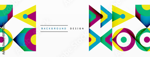 The colorful geometric pattern features rectangles, triangles, circles in electric blue, yellow, and magenta. The artful design showcases symmetry and a vibrant mix of shapes