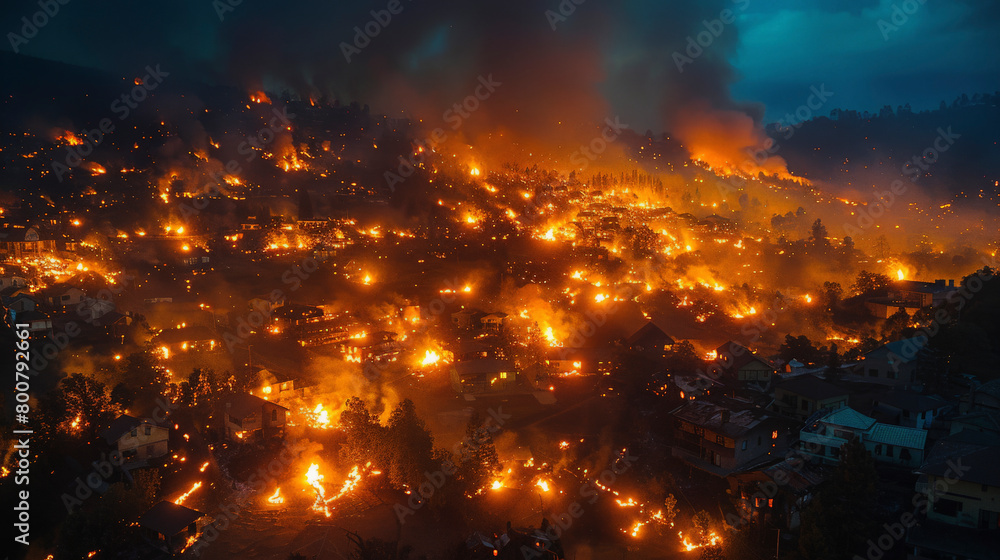 A large wildfire consuming a hillside town at night, with numerous buildings engulfed in flames and smoke billowing into the sky. A large wildfire consuming a hillside town at night, with numerous buildings engulfed in flames and smoke billowing into the sky.