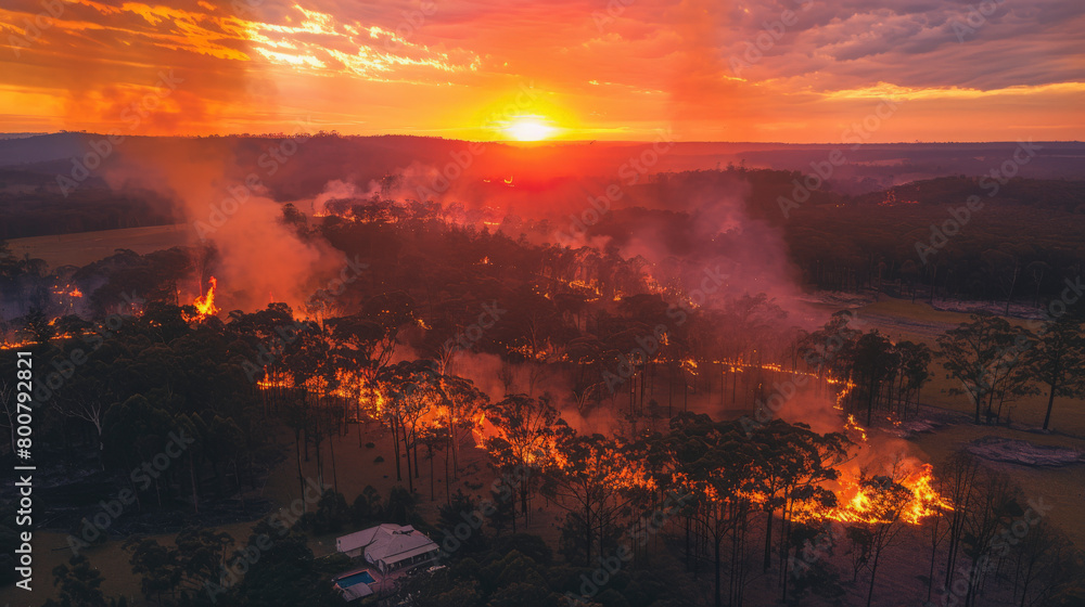 Fototapeta premium Aerial view of a wildfire in a forest at sunset with smoke rising and flames visible amidst the trees.