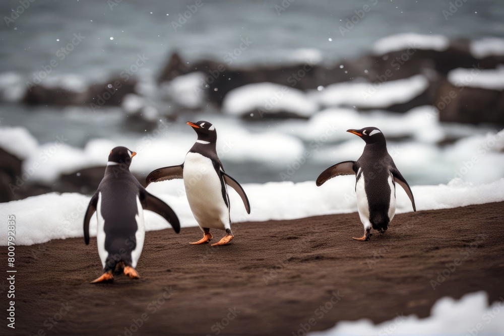 Obraz premium 'penguins ice water jumping gentoo bird antarctica cold nature penguin antarctic black animal polar pole wildlife winter snow south white sea beach blue group peninsula environment wild beak cute'