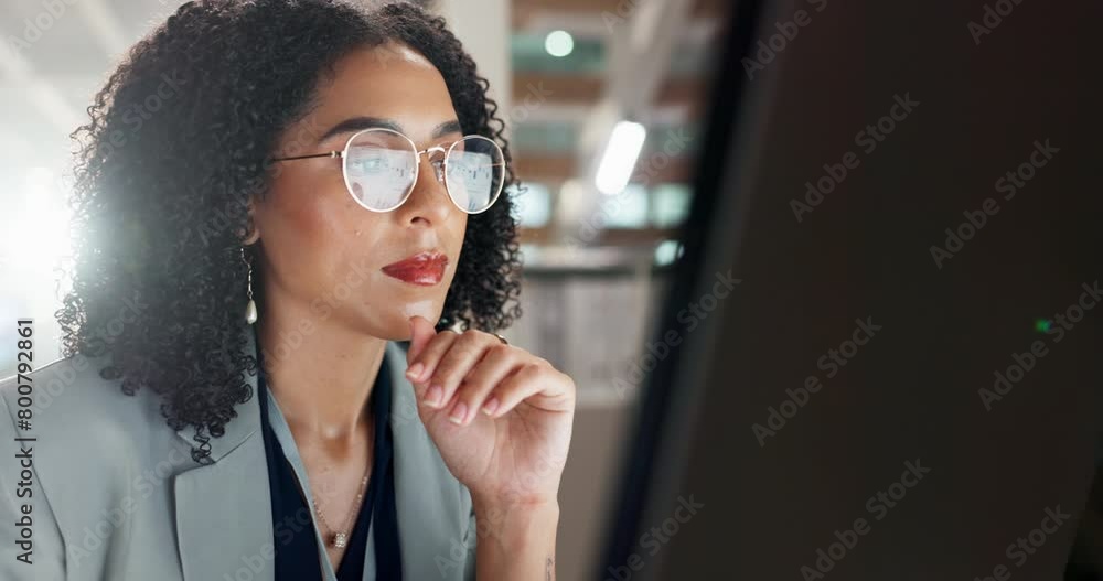 Reading, business woman and computer with digital market research analyst for work at company. Job statistics, glasses and tech of a professional at an office desk with admin report and screen graph