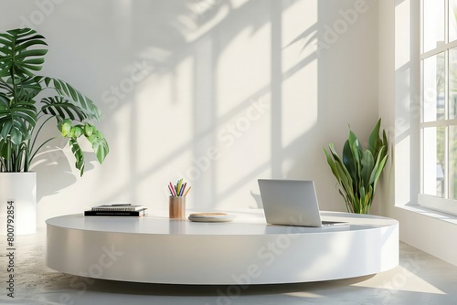 Modern interior office room with white circle coffee table next to white worktable with mock-up laptop  books  office supplies and decorations