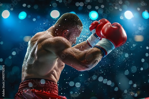 Picture the intensity of the moment as a boxer lands a powerful punch, sending sweat flying and muscles straining against the backdrop, Generative AI photo