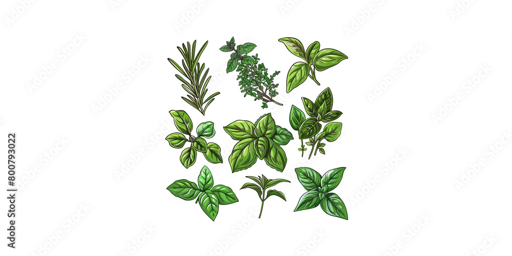 Set of various herbs, including rosemary, mint leaves, oregano, thyme and basil, with illustrations on a white background
Set of various herbs, including rosemary, mint leaves, oregano, thyme and basil, with illustrations on a white background