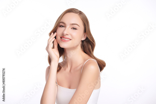 Beautiful young woman with clean fresh skin on white background, Face care, Facial treatment, Cosmetology, beauty and spa, women portrait.