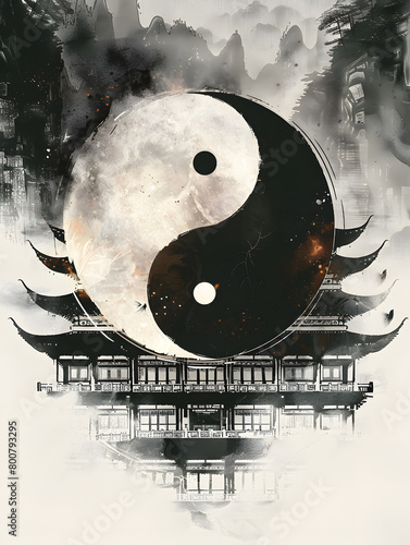 A black and white painting of a yin yang symbol with a pagoda in the background