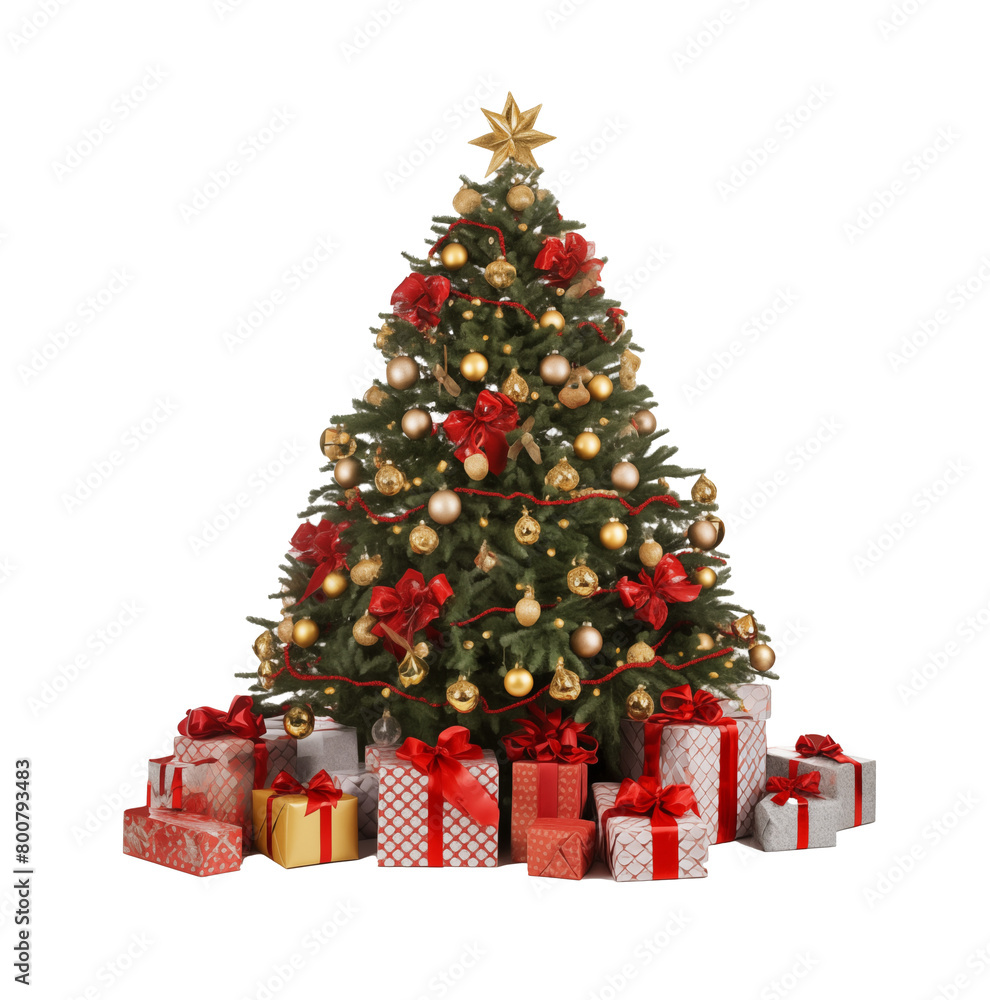 Decorated Christmas tree with a star topper, festive ornaments, and a pile of colorful gifts isolated on a transparent background. Generative AI