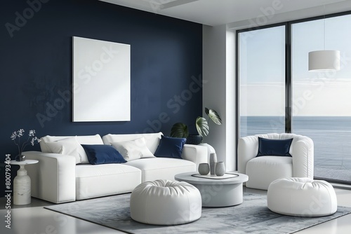 Modern room with navy wall and white furniture