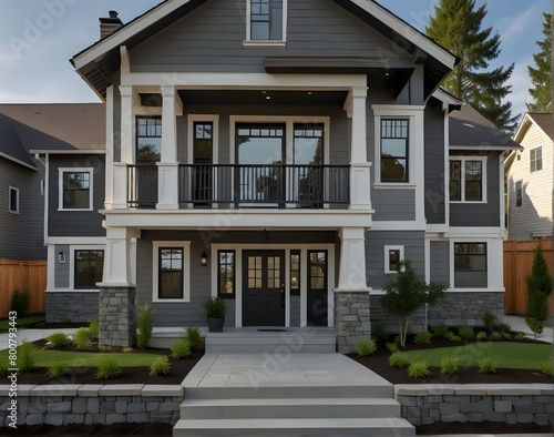A large gray craftsman new construction house with a landscaped yard and leading pathway sidewalk ,painted craftsman house exterior with black shutters and white trim. © Mudassir