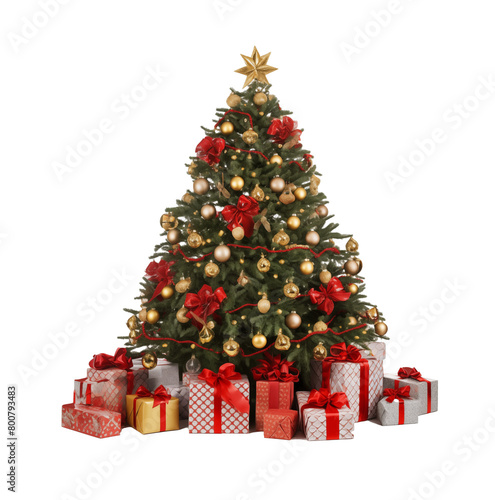 Decorated Christmas tree with a star topper, festive ornaments, and a pile of colorful gifts isolated on a transparent background. Generative AI