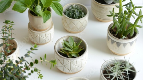 A series of handstamped ceramic markers each with a unique geometric pattern and the name of the plant carefully imprinted in crisp clean lines.. photo