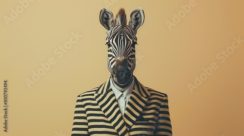Professional headshot of a zebra wearing a suit and tie  looking directly at the camera with a serious expression.