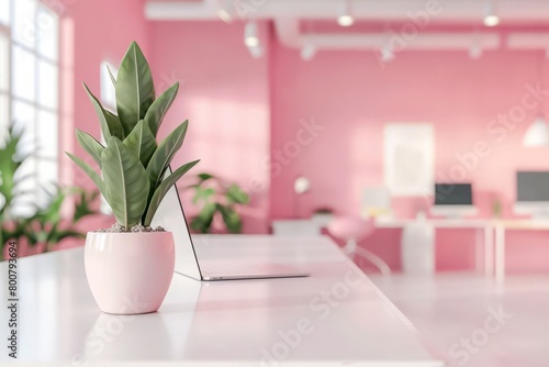Modern stylish pink office workspace interior with copy space on white worktable over blurred office background. 3d rendering, 3d illustration