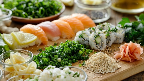 An assortment of fresh herbs and es including wasabi and ginger ready to add a kick of flavor to the sushi rolls. photo